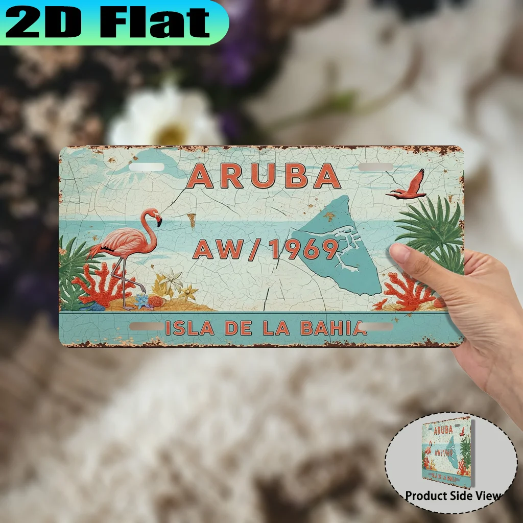 2D Flat - 1pc Aruba Baja Vistas Vintage Aluminum Sign | 12.0x6.0inch,Decorative Purposes Only, Caribbean Flamingo Style, Perfect