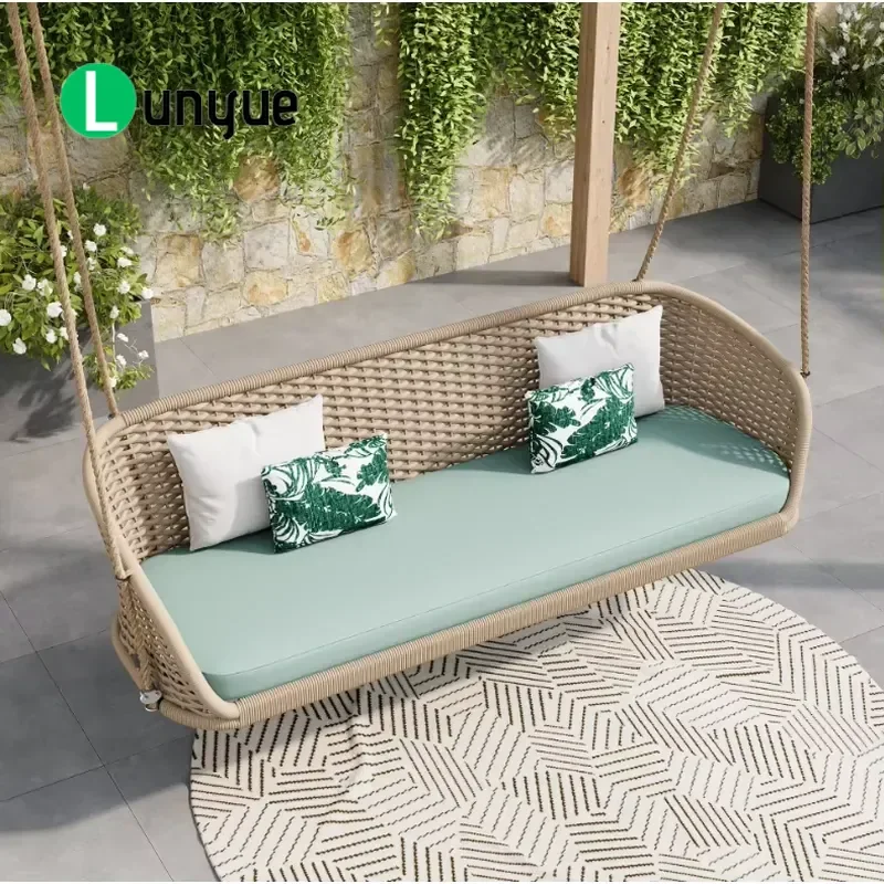 Aluminum Hanging Chair Wide Outdoor Woven Rope Swing Sofa with Seat Cushion for Hotel Patio Garden Traditional Design