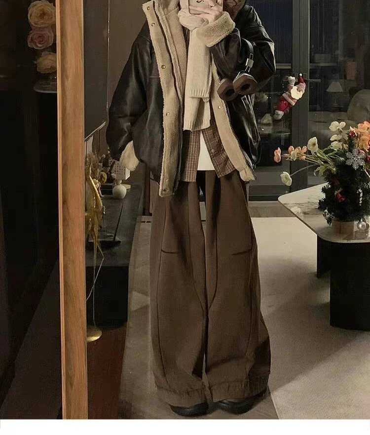 Retro Coffee Colored Fur One-piece Cotton Jacket for Women in Winter  Loose Jacket with Thick Plush Workwear Cotton Clothing