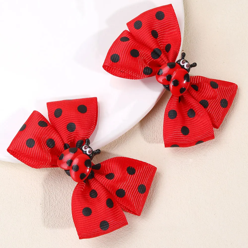 2PCS Cartoon Ladybug Ribbon Bows Hair Clip Kids Hair Pin Headwear Cute Black Dot Print Barrettes Girls Hair Accessories