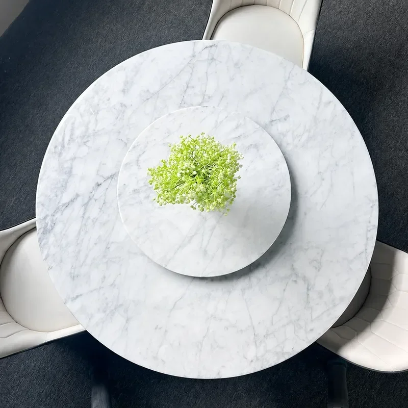 Cream White Natural Marble Round Dining Table with Turntable Luxury Stone Medium Size for Small Apartment Modern Home