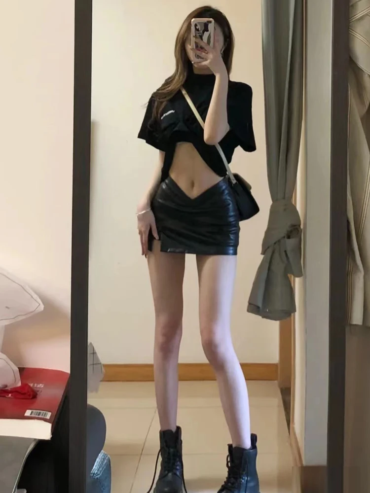 

Юбка из искусственной кожи с высокой талией для женщин больших размеров, черная, с асимметричным разрезом, для весны, осени и зимы, модная, для повседневной носки