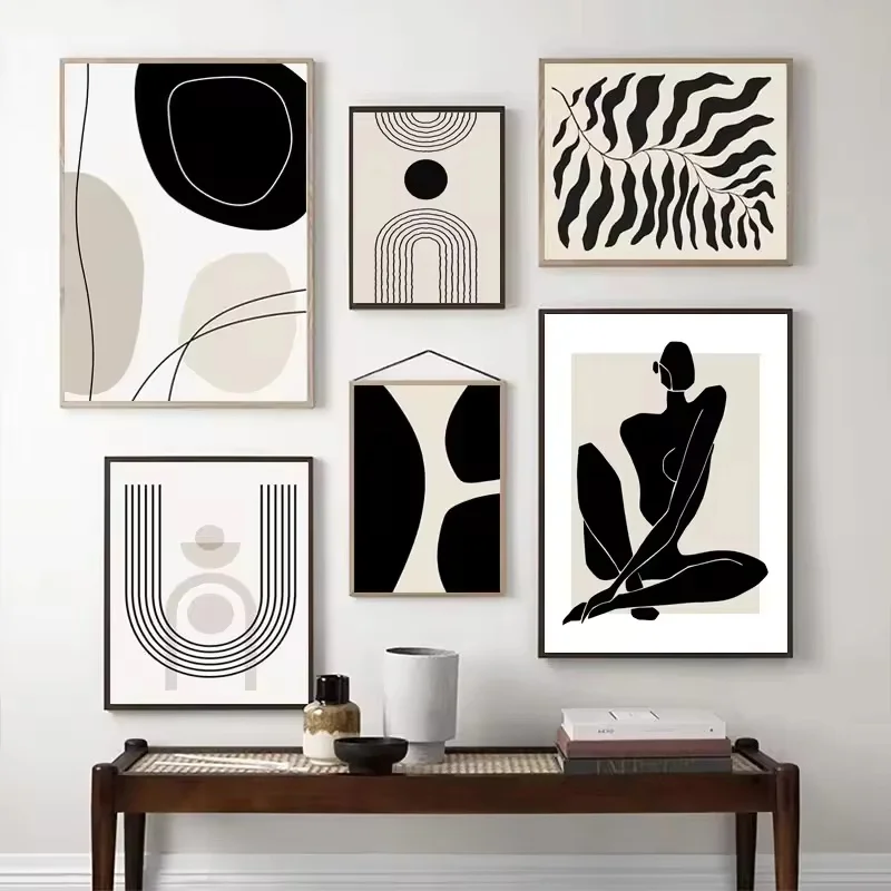 Böhmische Leinwandmalerei in Schwarz und Beige, abstrakte Boho-Wandkunst, Poster mit geometrischen Linien, gedrucktes Bild für