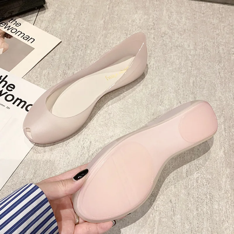 Female Clear Plastic Flats Low Price Peep Toe Small Tip Summer Shoes Soft Bottom PVC Blue Black Pink Slip-On 35-41 25cm Sandals