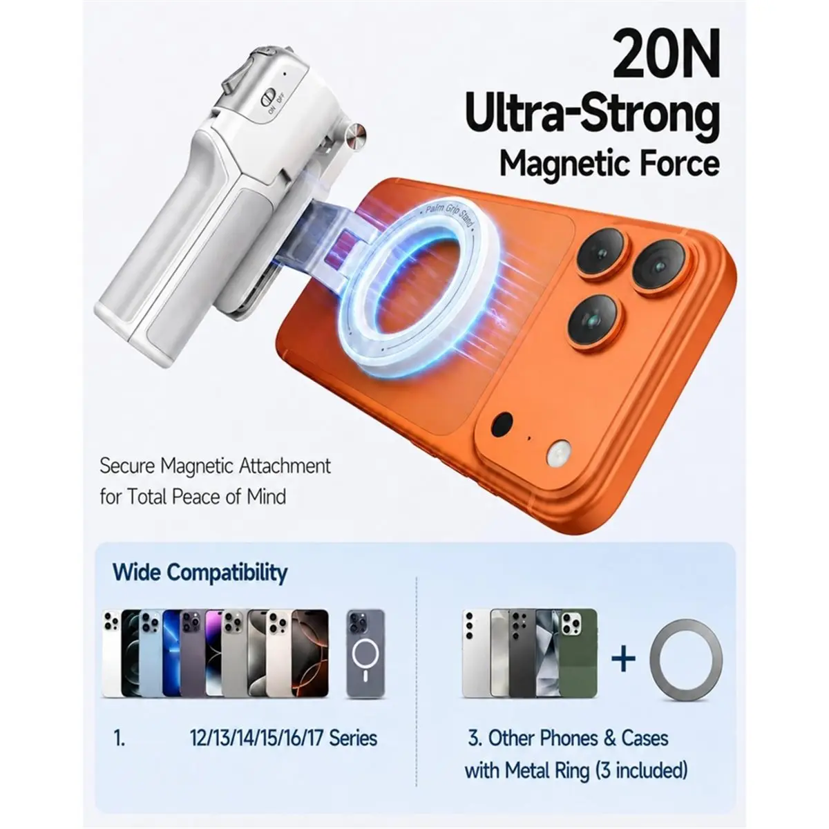 Magnetic Selfie Stick Tripod 4-in-1 Phone Tripod with Detachable Wireless Remote & Ergonomic Grip for Travel