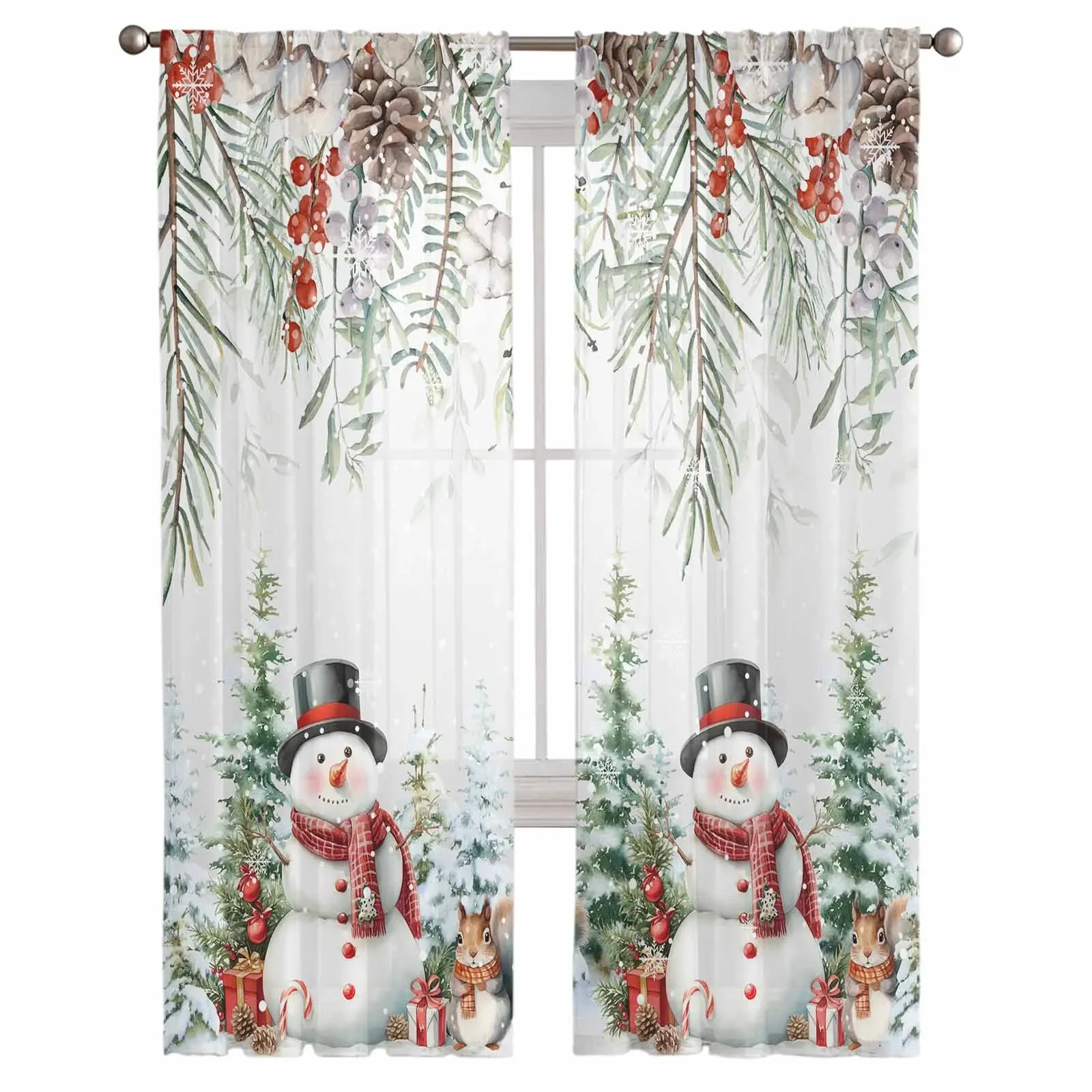 Christmas Berry Pine Snowman Tree Squirrel Sheer Curtains Living Room Decoration Window Curtains Kitchen Tulle Voile Curtains