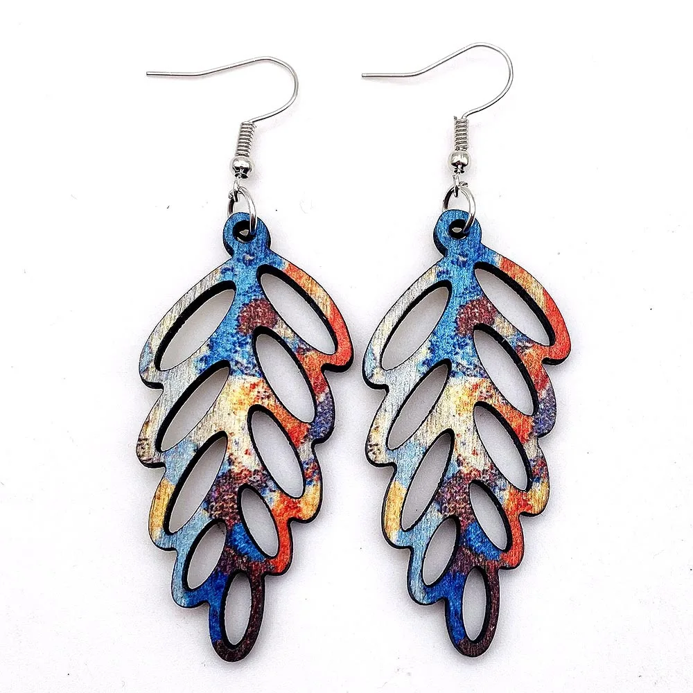 Vintage Hollowed Cutout Leaf Earrings Colorful Bohemian Wood Earrings for Women Original Design Wooden Jewelry Wholesale