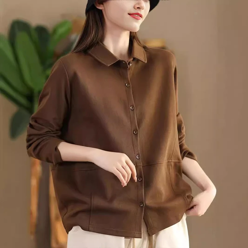 

100% Cotton Women Long Sleeve Casual Shirt New Arrival 2025 Autumn Simple Style Solid Color Loose Female Tops Shirts M1915