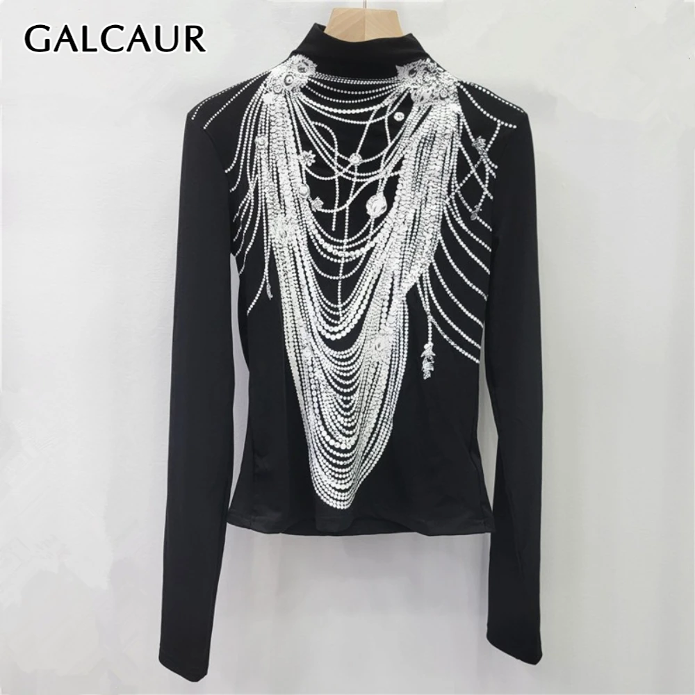 

GALCAUR Black Spliced Beads Chic T Shirt Female Stand Collar Long Sleeve Loose Luxury Design Women's T Shirts Autumn Fashion New
