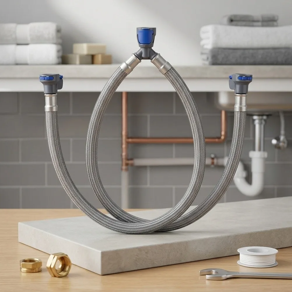 Faucet Hose Replacement with Quick Lock Coupling 16 Inch Length for 3 Hole Bathroom Faucet Mixer Gray PE Plastic