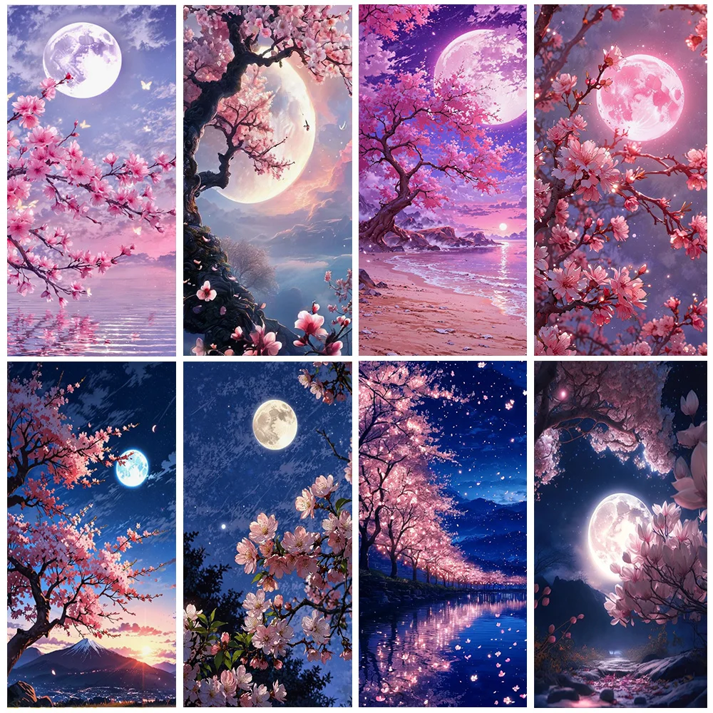 

Pink Cherry Blossom And Moon Theme Backdrop Starry Sky And Mountain View Door Banner Beautiful Decoration For Bedroom BannerGift