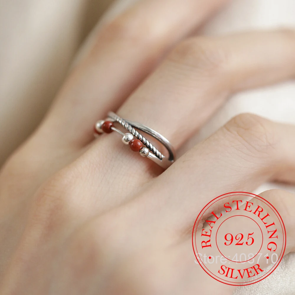 925 Sterling Silver Jewelry Red Agate Moving Beads Open Finger Rings for Women Wedding Party Jewelry For Girls Friend Gift
