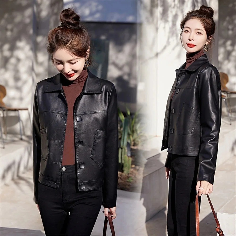 Fashionable Short Button-Up PU Leather Jacket Women's Spring Autumn New Style Casual Outerwear Shirt Coat Regular Length