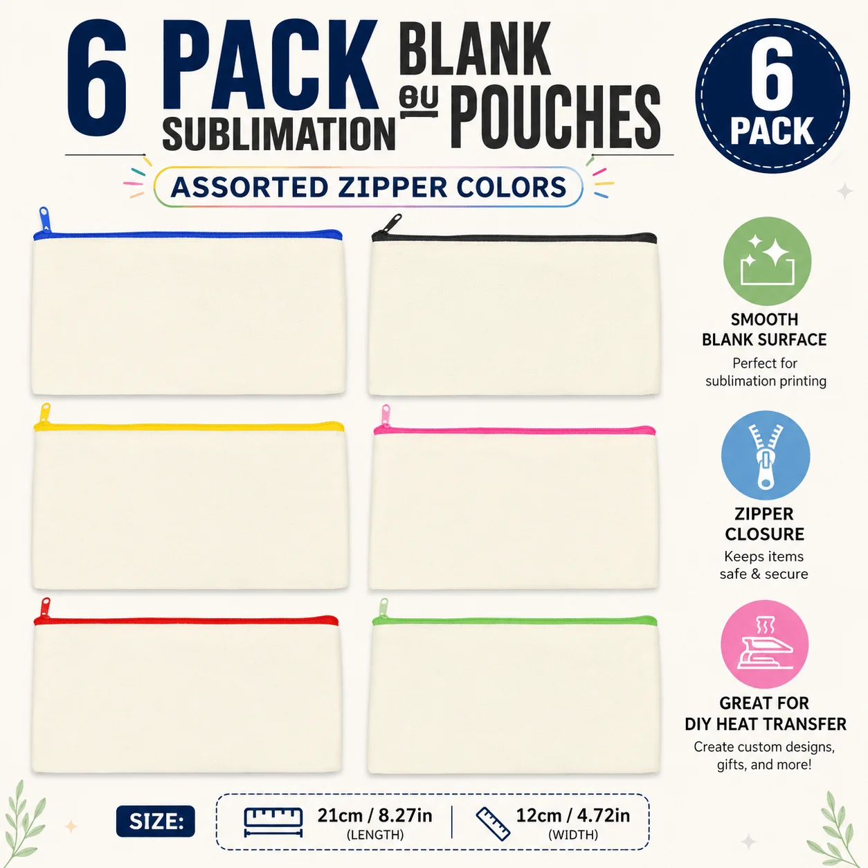 6/12PCS Sublimation Zipper Pouches, 21 X 12cm Heat Transfer Bags with 6 Color Zippers for DIY Cosmetic & Pencil Cases