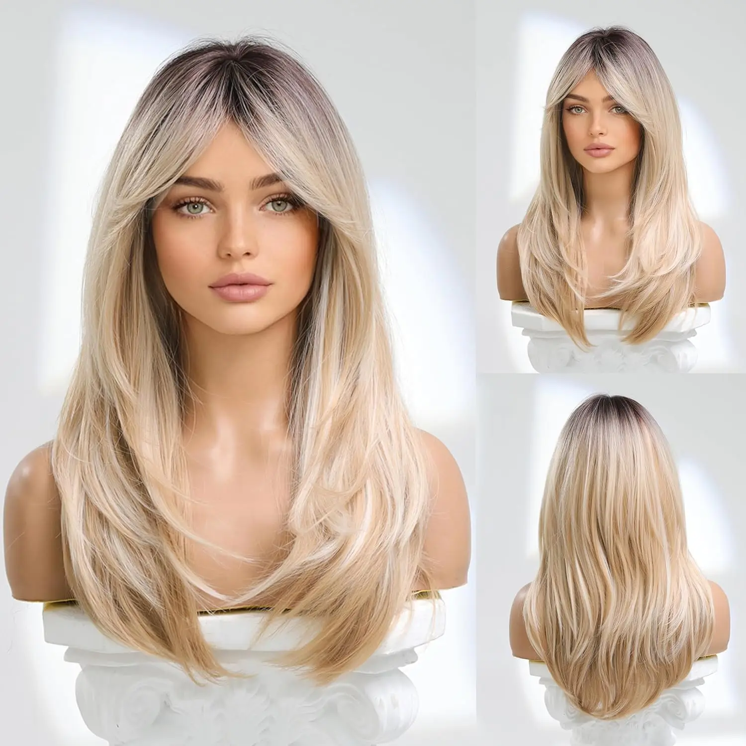 

Длинный прямой многослойный парик темно-русого цвета для женщин с челкой-«завесой», натурально выглядящий, из синтетических волос, для повседневного использования и косплея