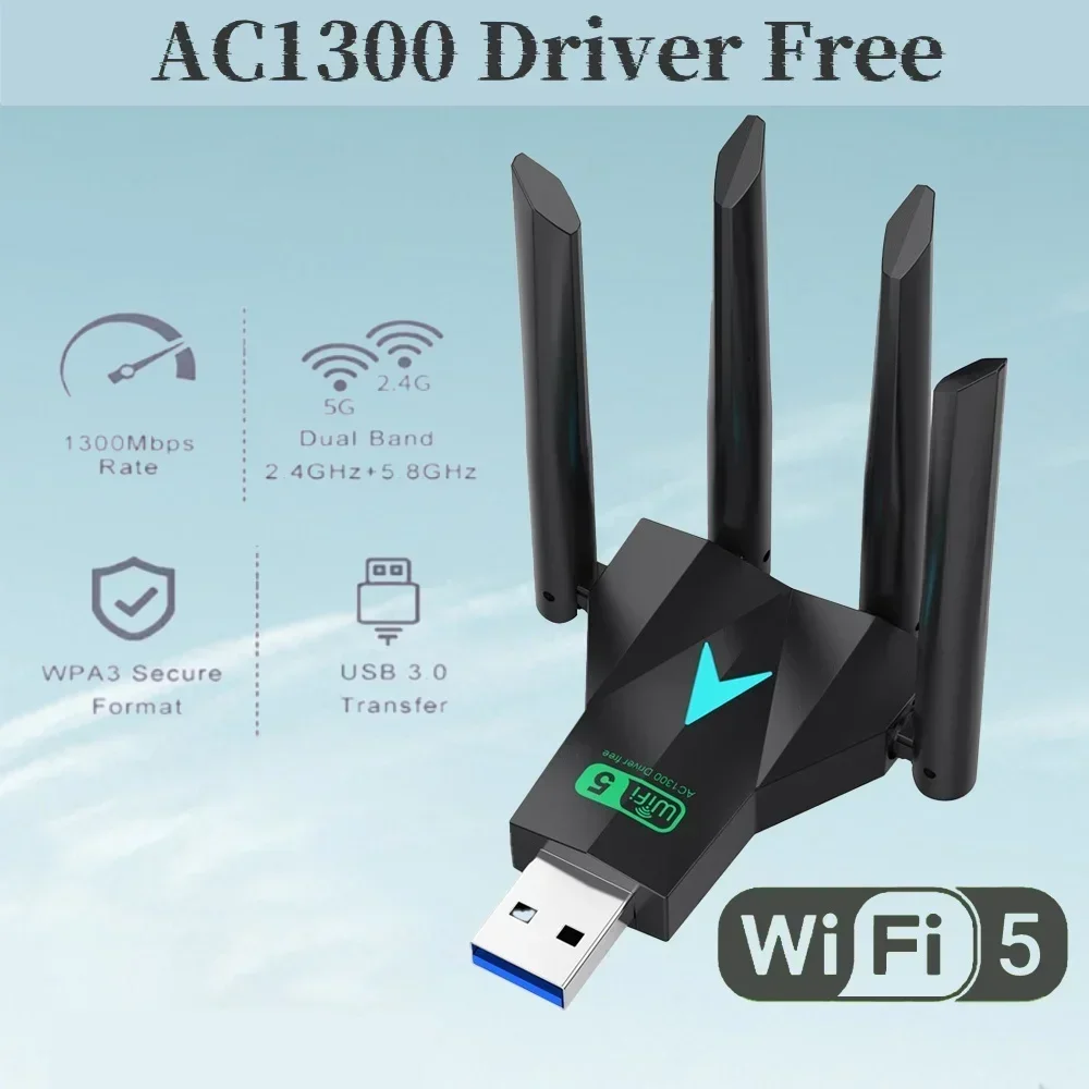 1300Mbps WiFi USB Adapter 2.4G/5Ghz Dual Band USB3.0 Wi-Fi Dongle 802.11AC 4-Antenna Wireless Receiver For PC/Laptop Driver Free