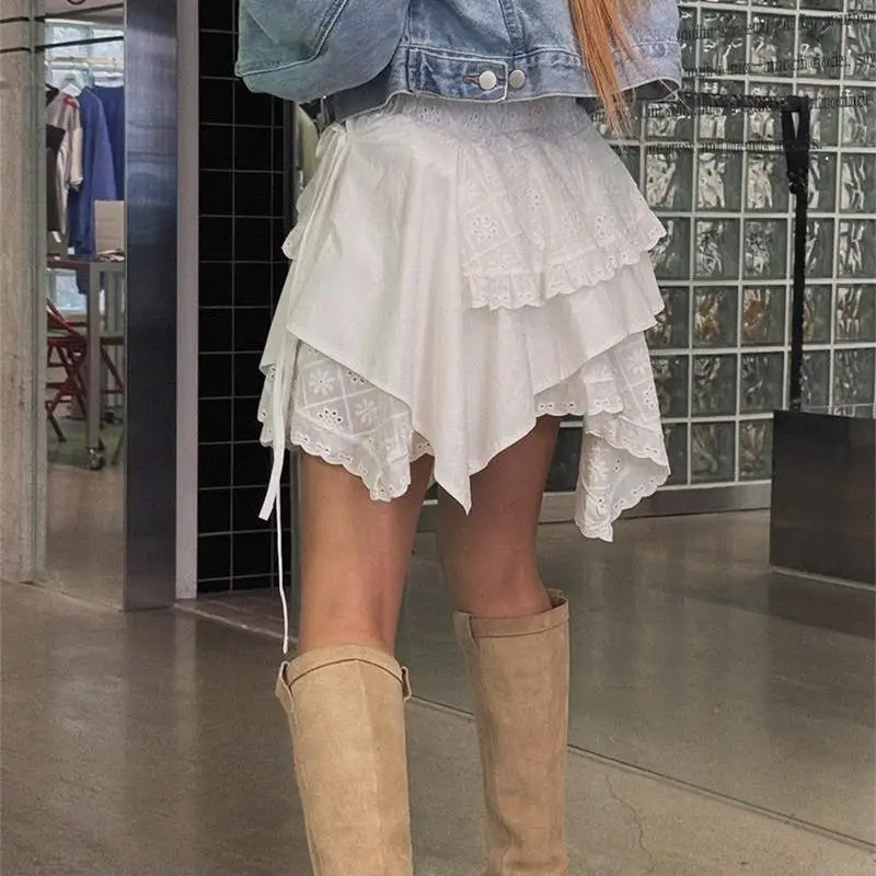 Gothic Sweet Trendy High Waist Irregular Cake Short Skirt New Patchwork Lace Embroidery Mini Skirt Women White Skirts Harajuku
