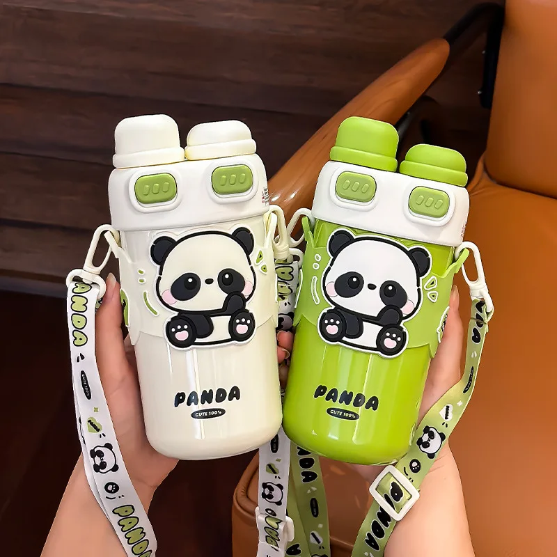 

540ml Children Panda Double Lid Leak-Proof Insulated Cup with Detachable Strap, Stainless Steel Vacuum Flask for Kids School