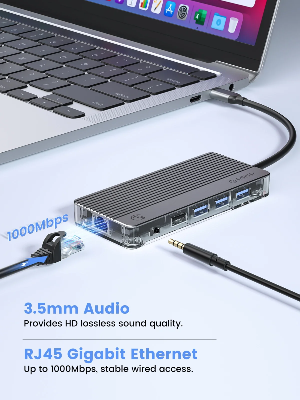 ORICO Stasiun Dok USB C Transparan Tipe C Ke HDMI-Kompatibel dengan 4K 30Hz RJ45 PD 100W Adaptor untuk Aksesori Macbook Hub Usb C