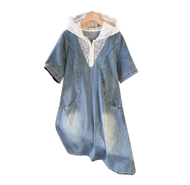 Abito estivo in denim con giunture con cappuccio in pizzo elegante di grandi dimensioni Moda donna Abiti a trapezio a maniche corte con riduzione dell'età allentata blu
