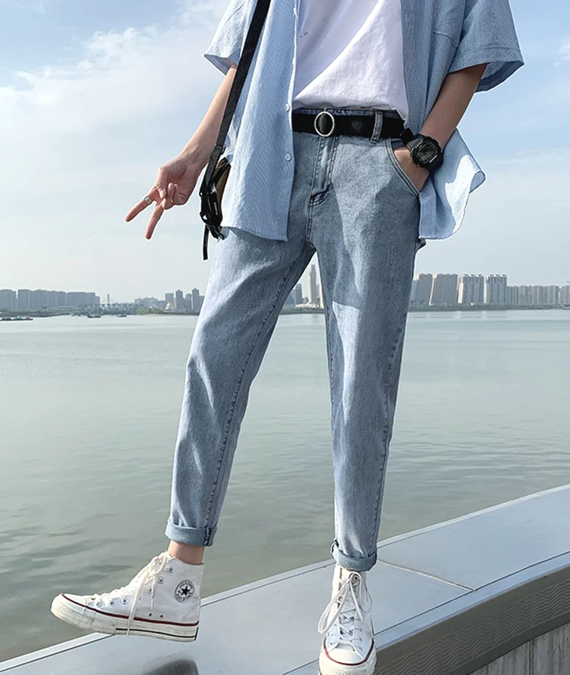 

Джинсы с эффектом удлинения для невысоких мужчин, в японском винтажном стиле, светло-голубые, прямые, повседневные, рабочие, укороченные (до щиколотки), в стиле «папины брюки»