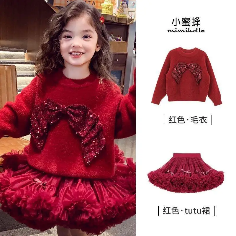 

Hot Girls' Imitation Mink Fur Sweater Winter Clothing 2025 New Style Children's Chinese Red Loose Round Neck Knitted Sweater