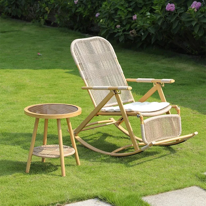 

Rattan Rocking Folding Chair Wooden Footrest Sun Lounger Garden Folding Chair Recliner Patio Chaise Pliante Portable Furniture