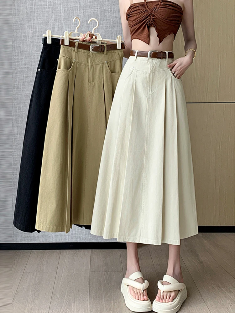 

Loose Casual Streetwear Maxi Long Skirts For Woman Elegant OL High Waist Pleated Skirt Women Solid A-line Umbrella Jupe Plissée