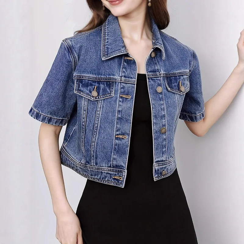 2026 Fashion Short-sleeves Denim Jacket Women Short Jean Coat Spring Summer Single-breasted Streetwear Loose Chaqueta Outerwear