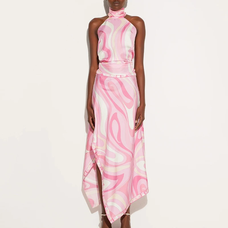 

Satin Print Irregular Two Piece Sets Sexy Hanging Neck Top and Long Skirt Party Suit Fashion Backless Hollow Out Beach Outfits