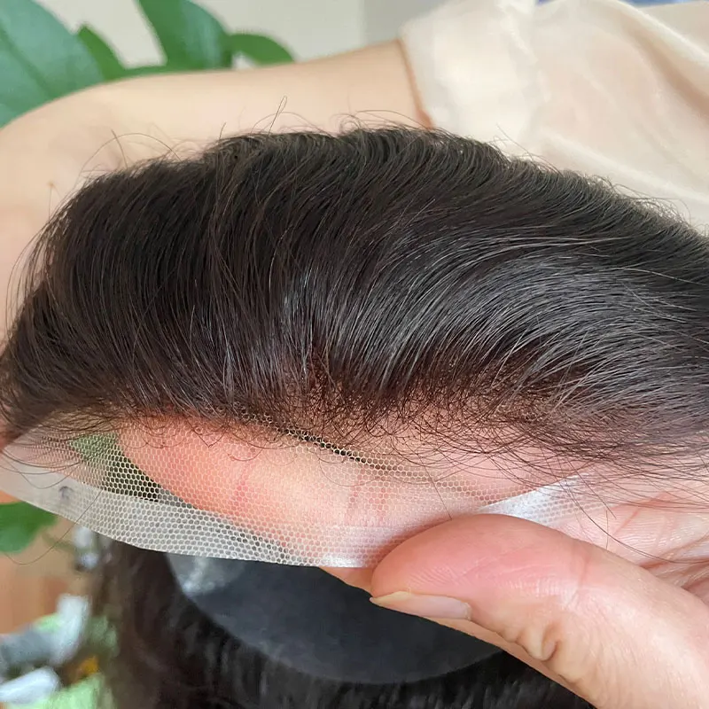 Toupee frontal suíço para homens, linha fina natural, pele PU, em V, cabelo humano europeu, sistema de substituição de peruca