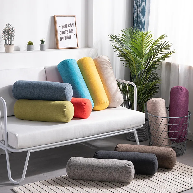 Pure Color Cotton Linen Cushion Cylindrical Backrest Office Sofa Bed Headrest Pillow Removable Cover Candy Pillow