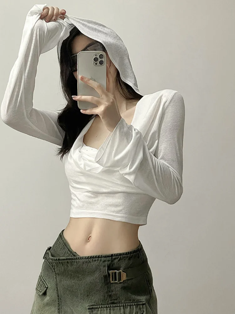 Simple Light Loose Casual Sexy All-Match Personalized Cool Breathable Thin Women\'S Summer Hooded Sunscreen Short Top