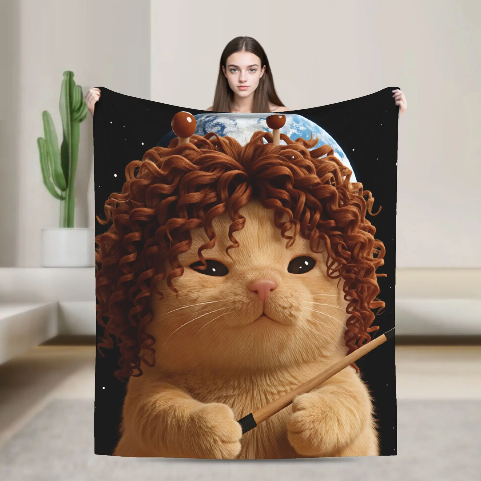 Curly Hair Aliens Cat Throw Blanket Super Soft Casual Blankets  For Home Decor Travel Flannel Bedspread Bed Cover