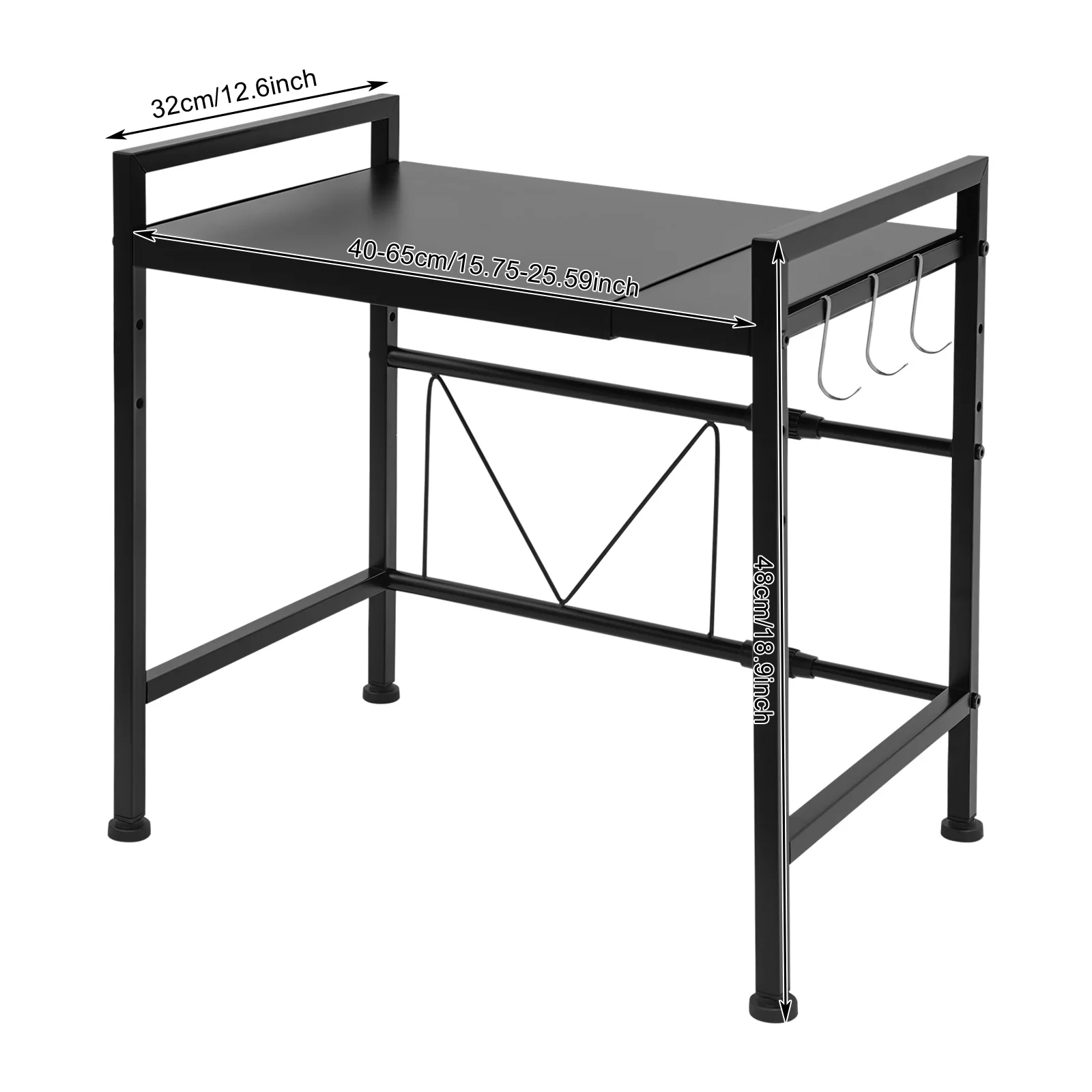 Expandable Microwave Rack, 2 Tiers Microwave Shelf, Microwave stand with 3 Hooks，for storing various kitchen utensils，save space
