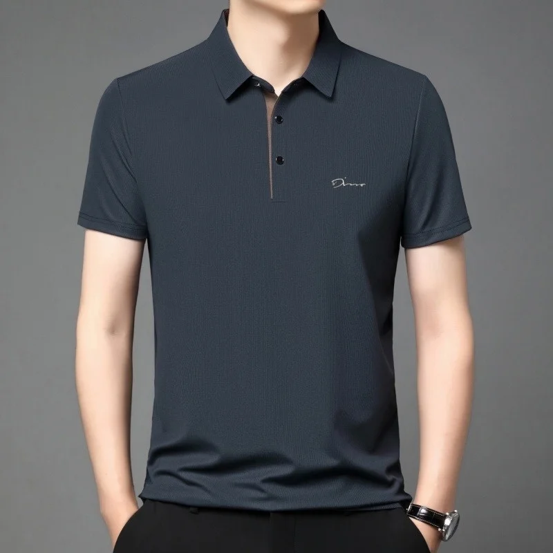 The new summer style printed short-sleeved shirt for men features a business-style button-down collar design.