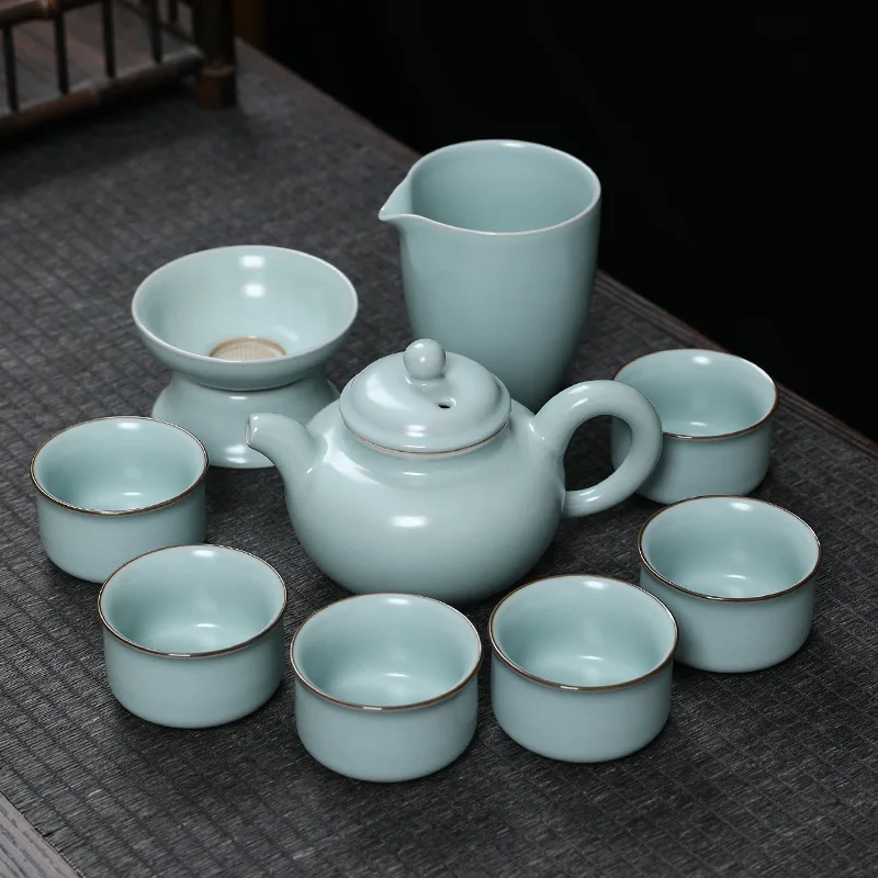 

Ru Kiln Gongfu Чайный сервиз с открытым ломтом, можно пиреться в доме, простой офис, прием, Gaiwan, заваривание чая, полный набор, легкий роскошный подарок