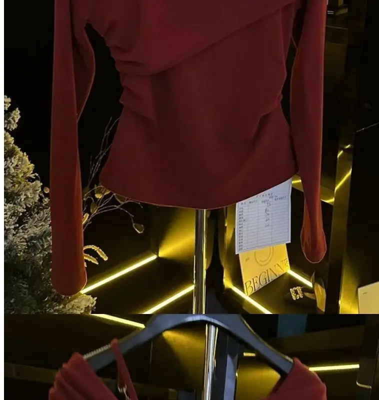 Slanted Shoulder Chain One Piece Collar Elegant and Luxurious Design Long Sleeved Top Women\'s Versatile Base Shirt