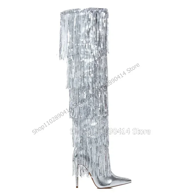 

Silver Sequins Tassels Decor Pointed Toe Boots Over The Knee Women Shoes Thin High Heels Fashion Novel 2023 Zapatos Para Mujere