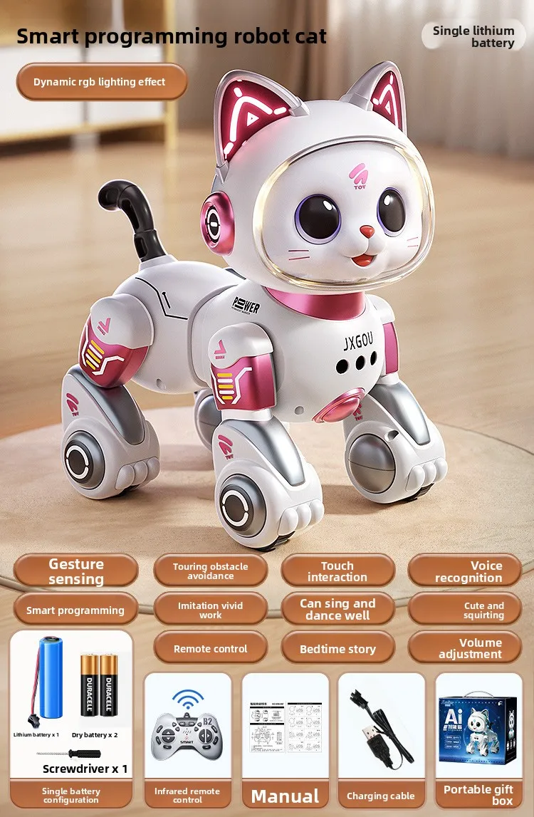 Brinquedo robótico inteligente para gatos – Robô interativo para caminhada e meow para meninos/meninas de 1 a 3 anos com controle remoto