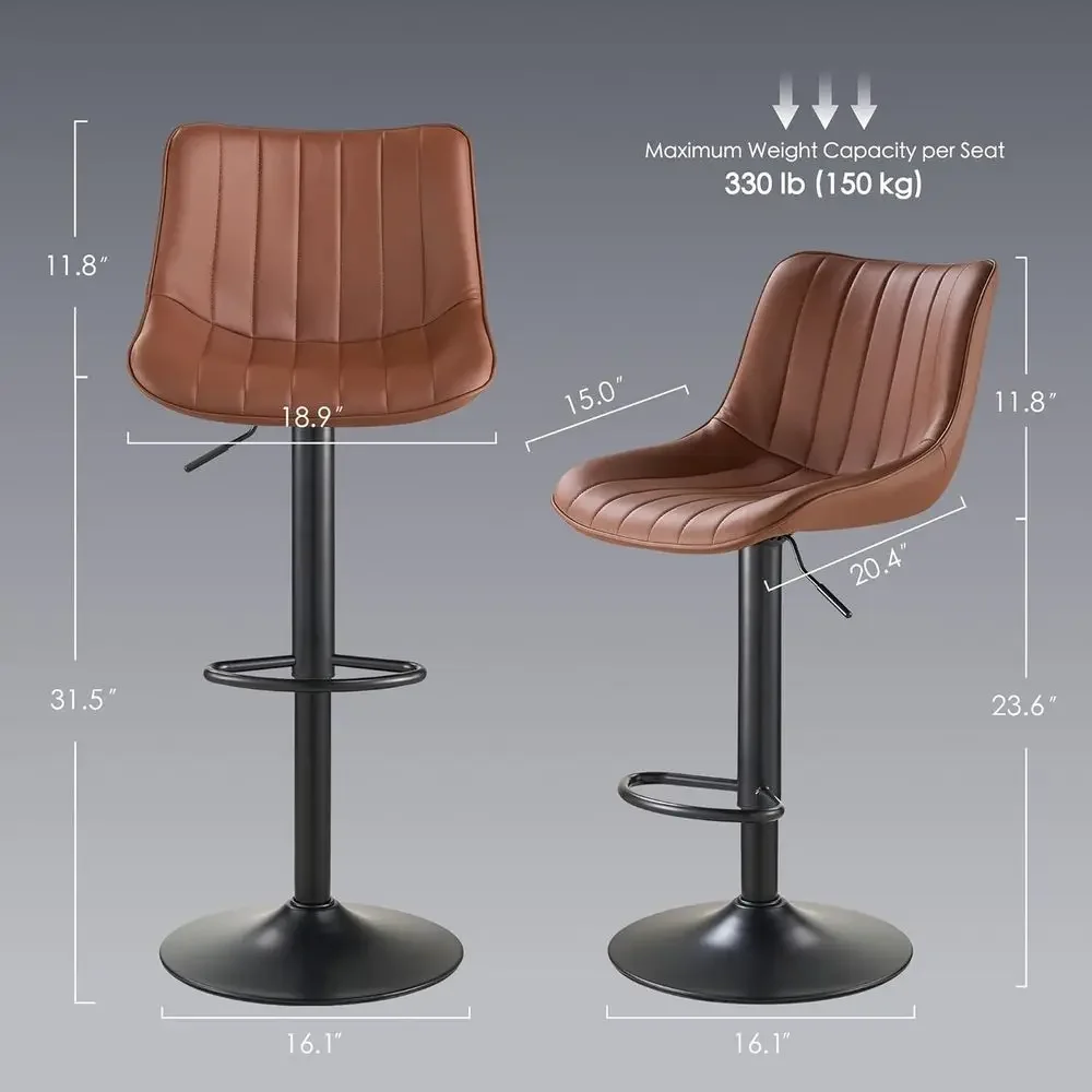 Set of 2 Swivel Bar Stools, Adjustable PU Leather, Back and Footrest, Counter Height, Brown - view 2