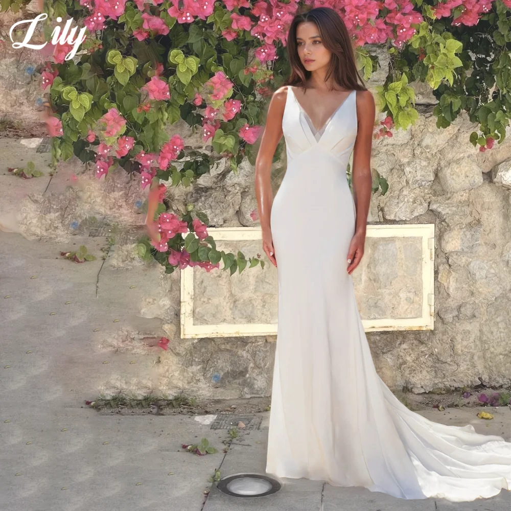 

Элегантное свадебное платье лилии белого цвета с v-образным вырезом и открытой спиной, свадебное платье с пуговицами, атласное свадебное платье без рукавов со шлейфом по индивидуальному заказу