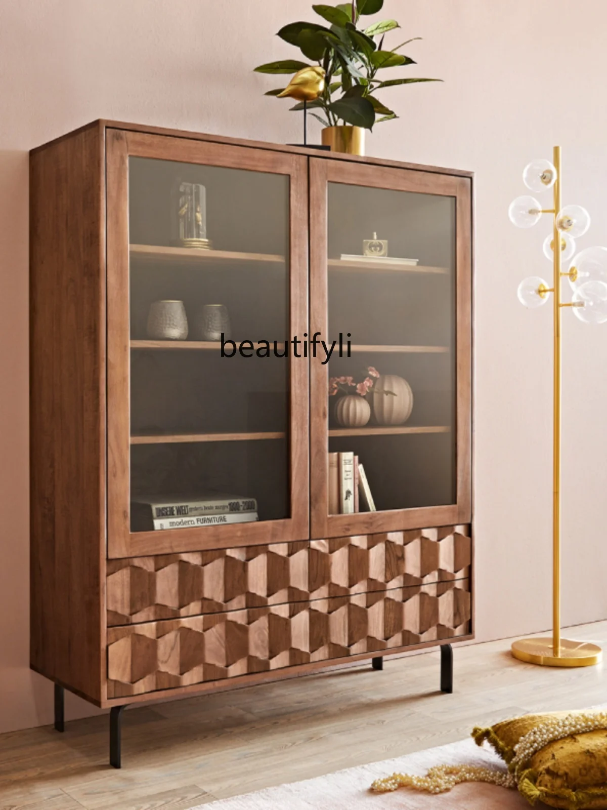 

Nordic Creative Combined Bookcase Bookshelf Black Walnut with Glass Storage Cabinet Floor