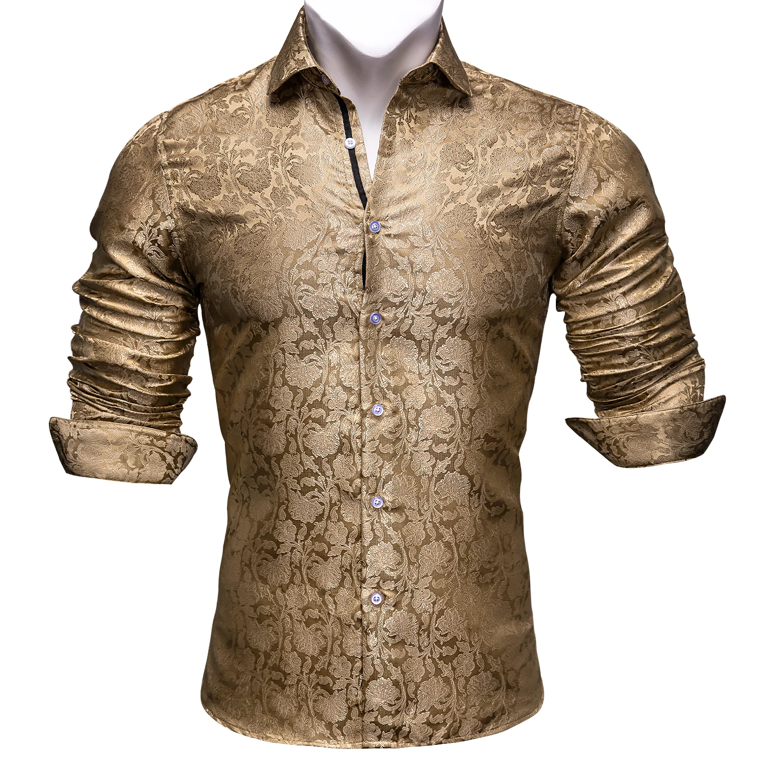 Barry.Wang 4XL Luxury Gold Paisley Silk Shirts Men Long Sleeve Casual Flower Shirts For Men Designer Fit Dress Shirt BY-0068