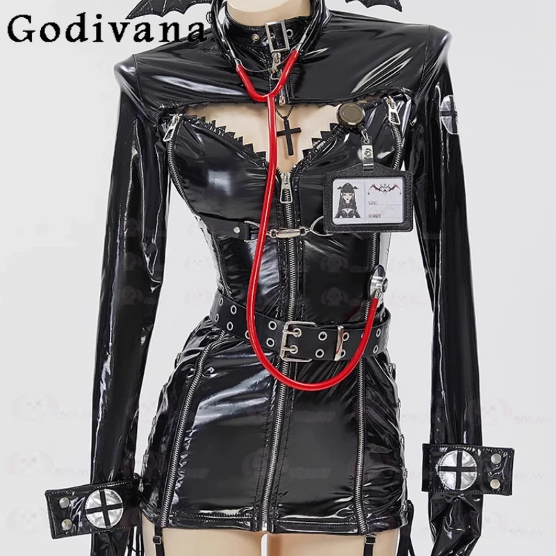 2025 Anime PU Demon Nurse Gothic Dress Women's Private Photo Shoot Sexy Lingeries Cos Dress Female Black Cosplays Costume