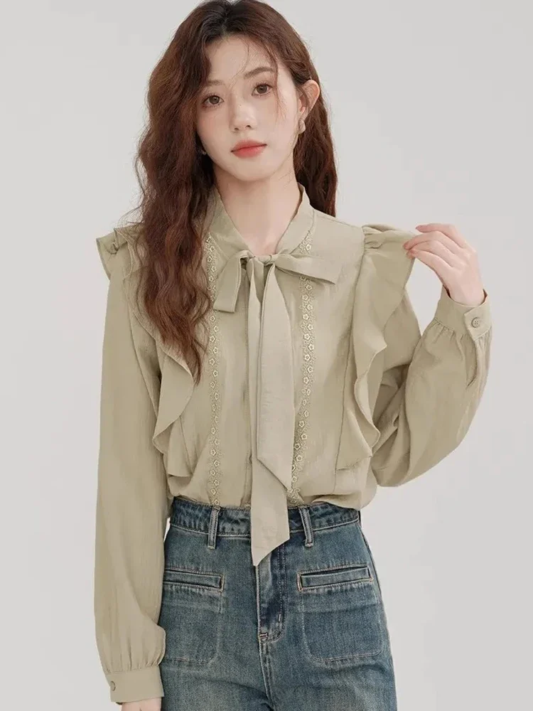 

Elegant Long Sleeve Women Shirt Spring Autumn Sweet Bow Lace Up Blouse Vintage Casual Ruffles Female Print Tops New