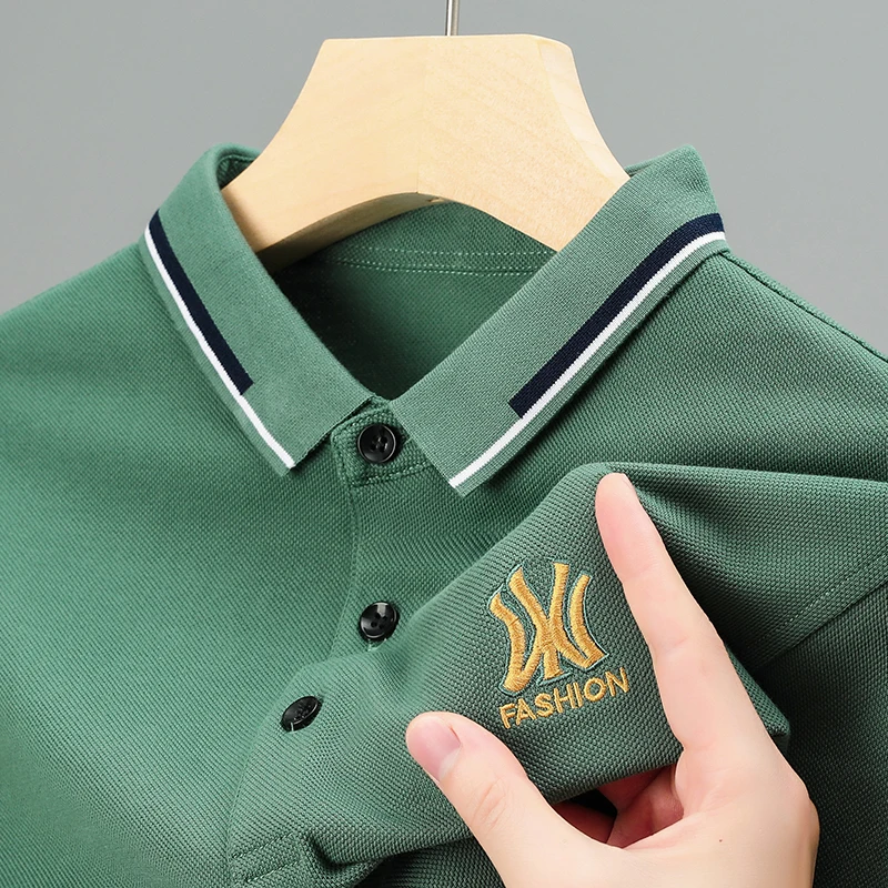 

Мужская рубашка поло высокого качества из 100 хлопка, однотонная осенняя футболка с длинными рукавами и вышивкой букв, деловая повседневная мужская одежда, топ