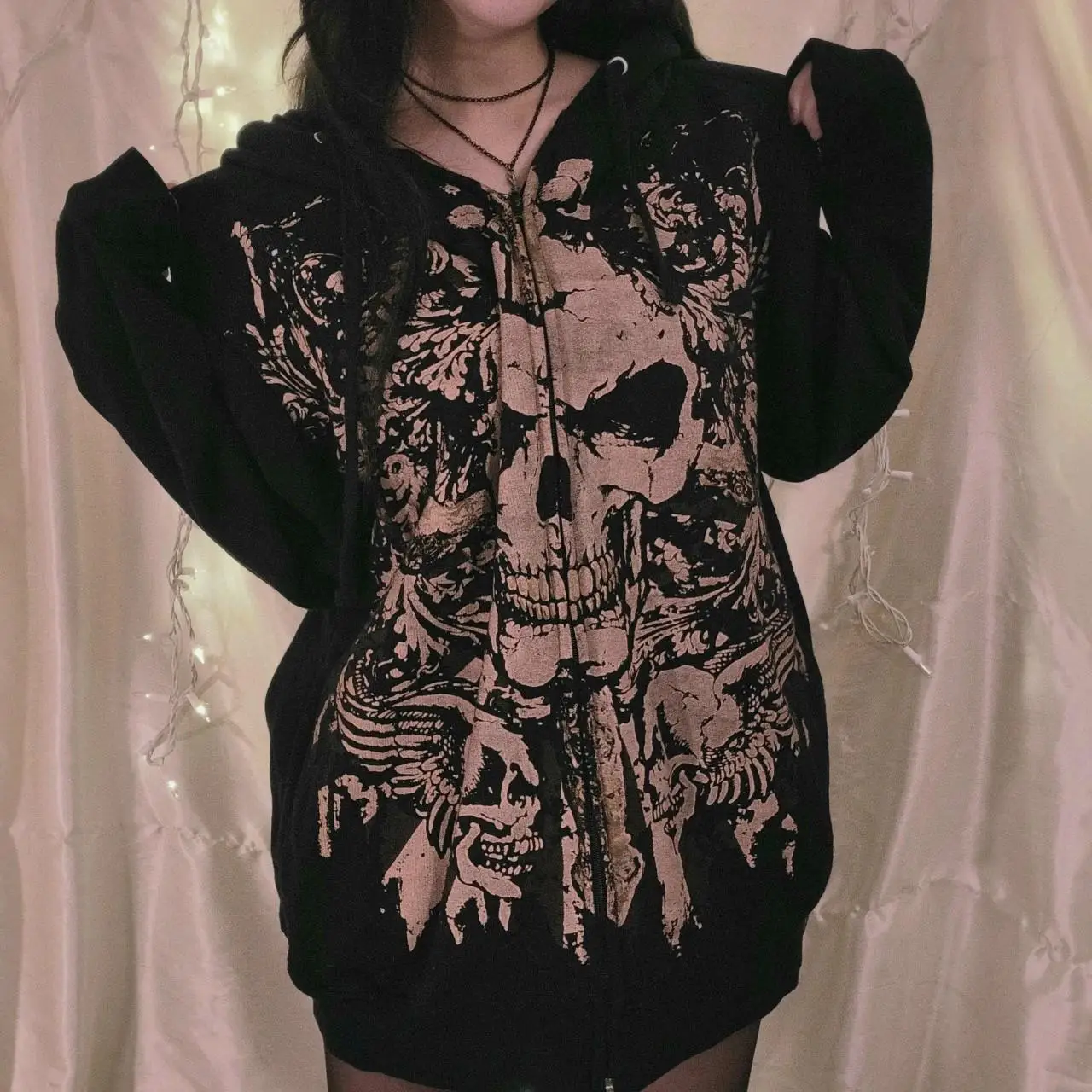 American Retro Women's Y2k Gothic Skull Print Hoodies Fashion Autumn Winter Loose Zip Up Hoodie Sweatshirt Streetwear Women Coat