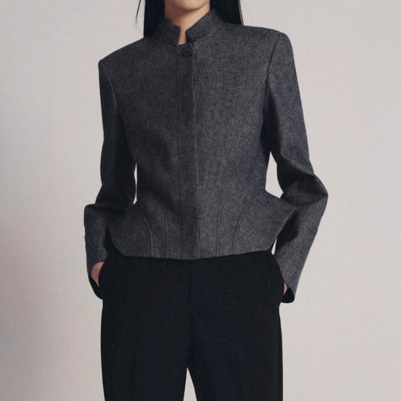 2026 New Autumn Dark Gray Standing Collar Waist Cinching Curved Hem Short and Simple Commuting Jacket for Women