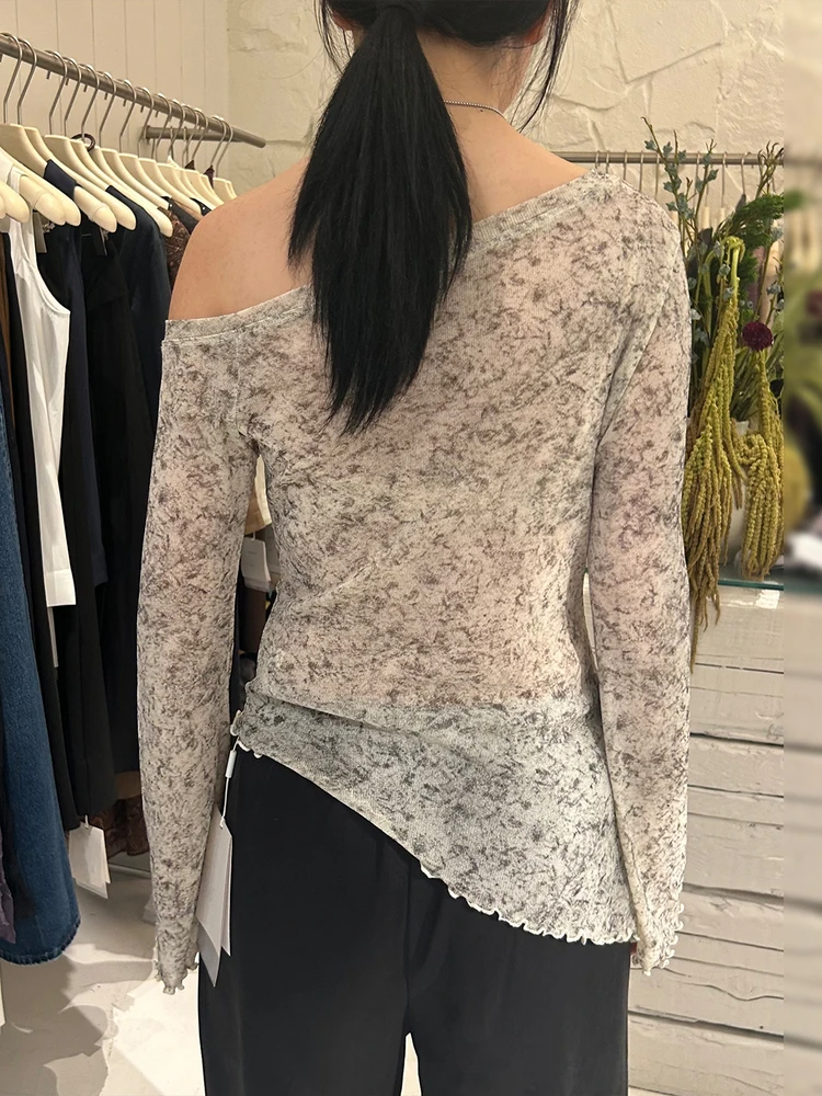 Camiseta larga con hombros inclinados irregulares para mujer, ropa de abrigo Sle para principios de otoño, Base adelgazante con nudo superior